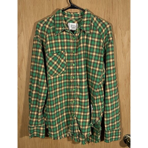 Urban Outfitters BDG Brixton Flannel Button-Down Shacket Fringe Green Yellow Med - Picture 1 of 7